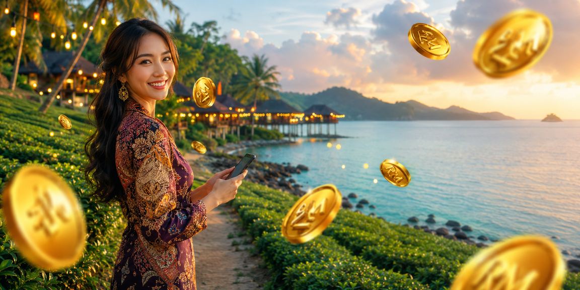 Pemain menggunakan kasino mudah alih di Langkawi dengan latar belakang motif batik